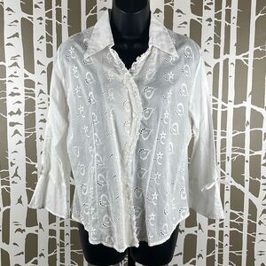 Cotton Sheer Eyelet Floral Hearts Button Front Top L